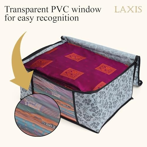 LAXIS® Saree Covers With Zip Non-Woven Printed Saree Cover/Saree Organizer For Wardrobe/Cloth Storage With Transparent Window/Saree Bags Storage/Clothes Organizer (Grey- Pack of 6) - Image 5