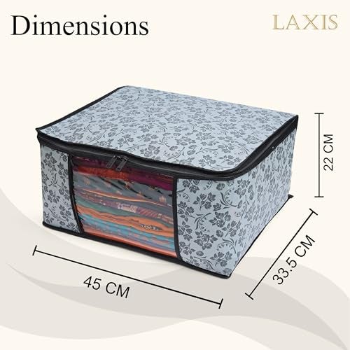 LAXIS® Saree Covers With Zip Non-Woven Printed Saree Cover/Saree Organizer For Wardrobe/Cloth Storage With Transparent Window/Saree Bags Storage/Clothes Organizer (Grey- Pack of 6) - Image 2