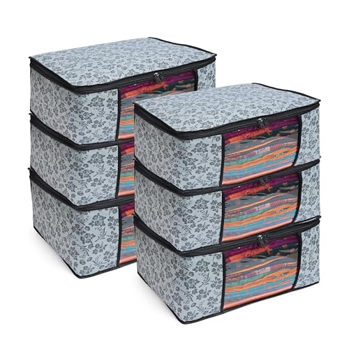 LAXIS® Saree Covers With Zip Non-Woven Printed Saree Cover/Saree Organizer For Wardrobe/Cloth Storage With Transparent Window/Saree Bags Storage/Clothes Organizer (Grey- Pack of 6) - Image 1