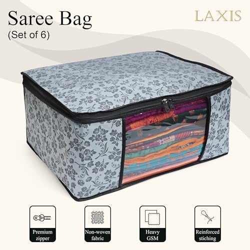 LAXIS® Saree Covers With Zip Non-Woven Printed Saree Cover/Saree Organizer For Wardrobe/Cloth Storage With Transparent Window/Saree Bags Storage/Clothes Organizer (Grey- Pack of 6) - Image 3