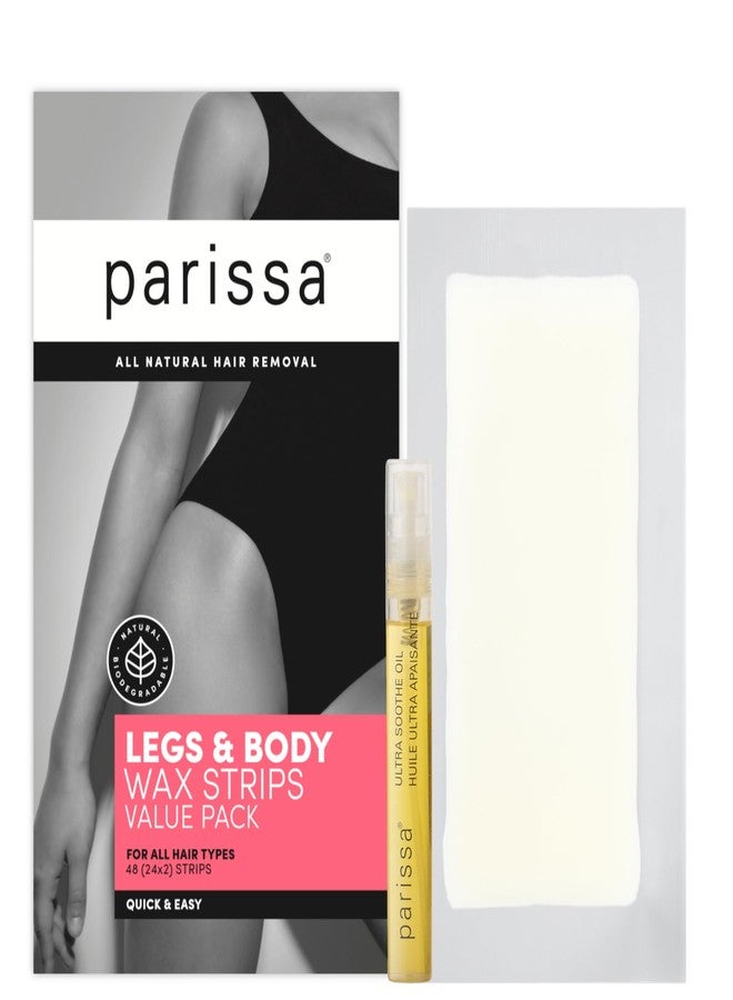Parissa Legs & Body Wax Strips Kit Value Pack for Body Hair Removal | Ready-to-Use Large Wax Strips for At-Home Hair Removal | Includes Post-Wax Ultra Soothe Oil | 48 Strips (24 x 2) - Image 1