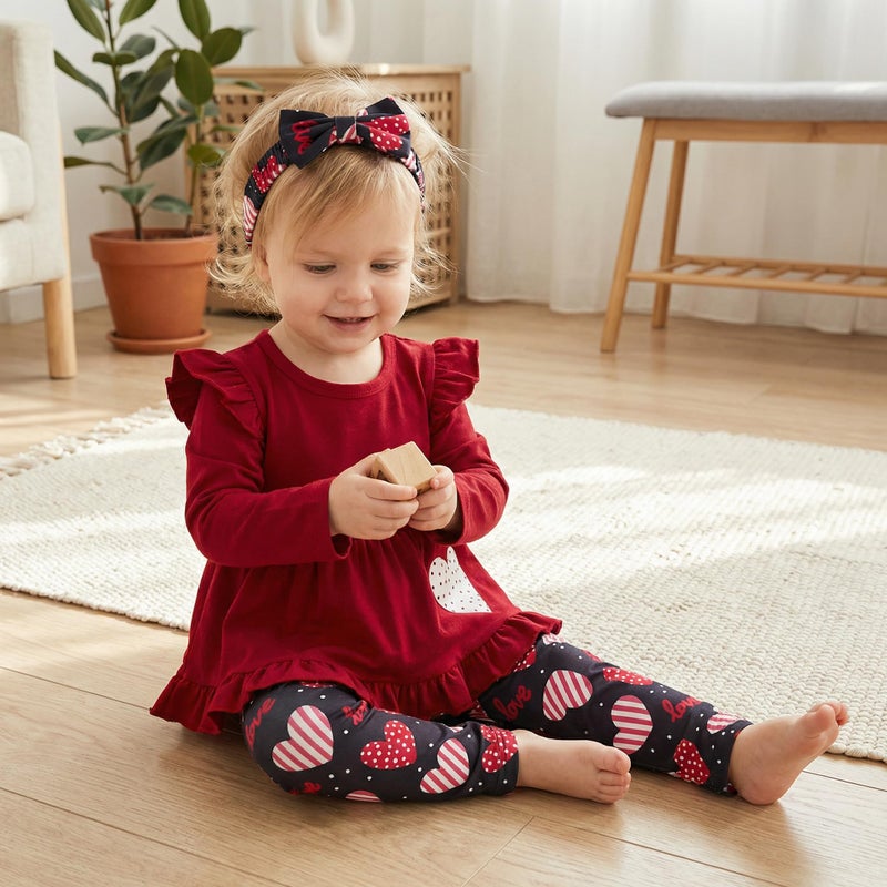 Noubeau Toddler Baby Girl Valentine's Day Clothes Ruffle Sleeve Boho Shirt Dress Heart Pant Set 3Pcs Spring Outfits(Heart b,3-4 Years) - Image 5