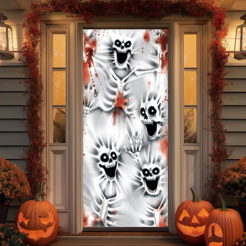 JOYIN 30”x72” Halloween Door Cover Decorations Indoor Creepy Skeleton, Haunted House Stickers Party Supplies Favors Garage Window Wall - Image 1