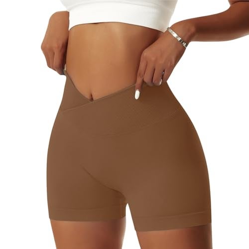 Vertvie Women's Workout Gym Shorts Booty V Cross Spandex Yoga Biker Shorts Scrunch Butt High Waisted Athletic Leggings (Coffee Brown,Medium) - Image 1