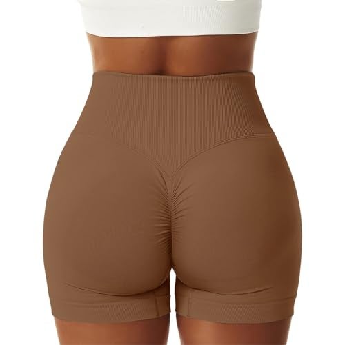 Vertvie Women's Workout Gym Shorts Booty V Cross Spandex Yoga Biker Shorts Scrunch Butt High Waisted Athletic Leggings (Coffee Brown,Medium) - Image 3