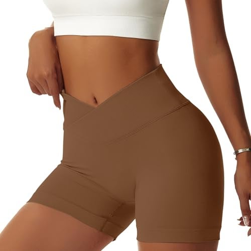 Vertvie Women's Workout Gym Shorts Booty V Cross Spandex Yoga Biker Shorts Scrunch Butt High Waisted Athletic Leggings (Coffee Brown,Medium) - Image 2