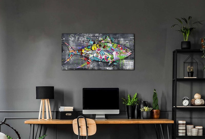 SIXTTART Fish Wall Decor Living Room - Graffiti Canvas Wall-Art for Kitchen - Banksy Bathroom Art Wall Decor Ready to Hang Size 40" x 20" - Image 3
