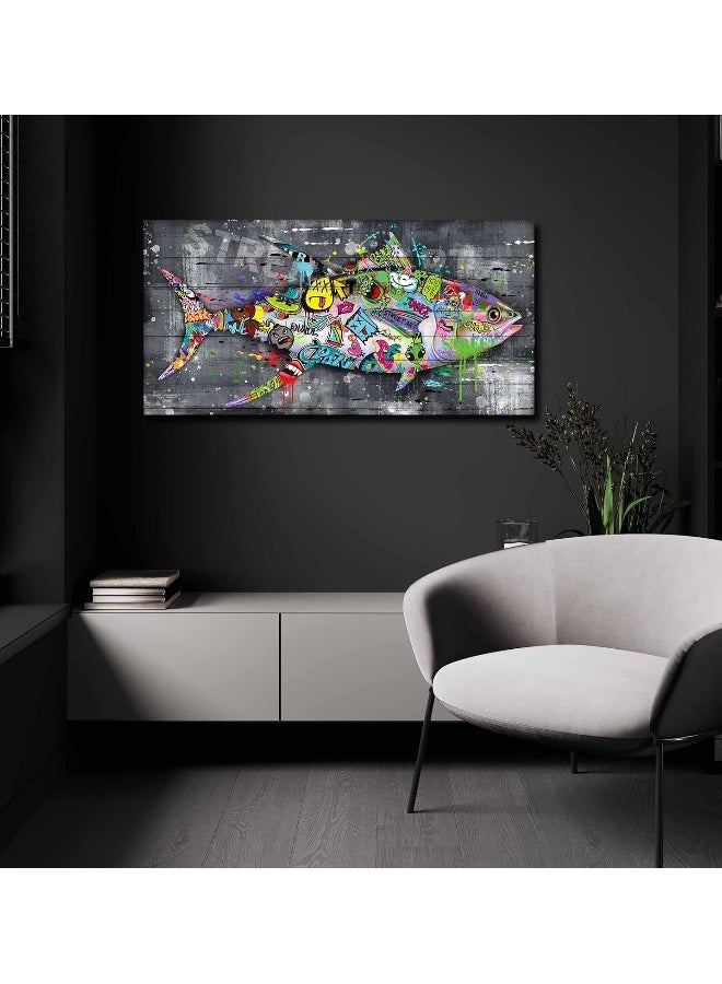 SIXTTART Fish Wall Decor Living Room - Graffiti Canvas Wall-Art for Kitchen - Banksy Bathroom Art Wall Decor Ready to Hang Size 40" x 20" - Image 2