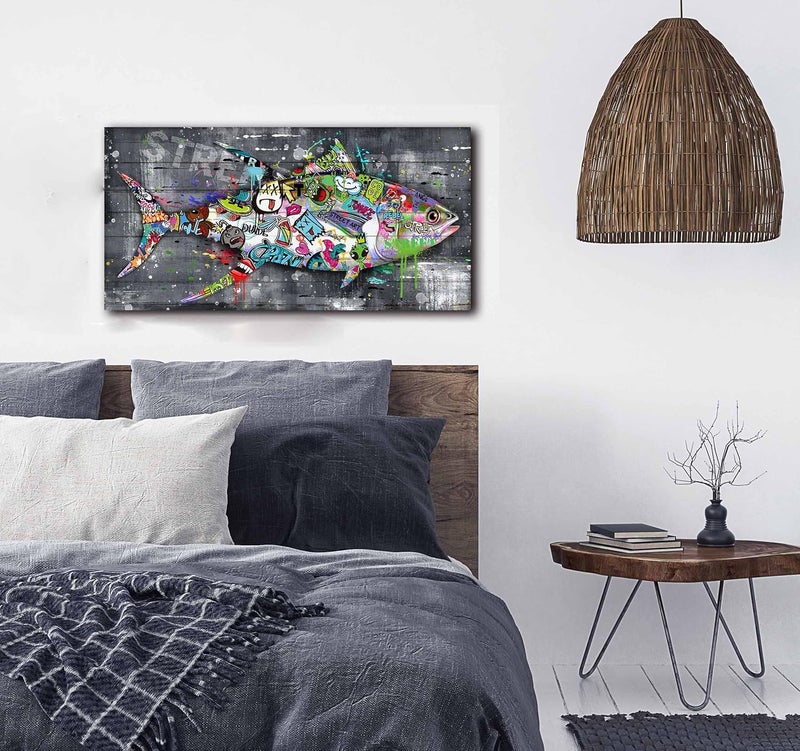 SIXTTART Fish Wall Decor Living Room - Graffiti Canvas Wall-Art for Kitchen - Banksy Bathroom Art Wall Decor Ready to Hang Size 40" x 20" - Image 5