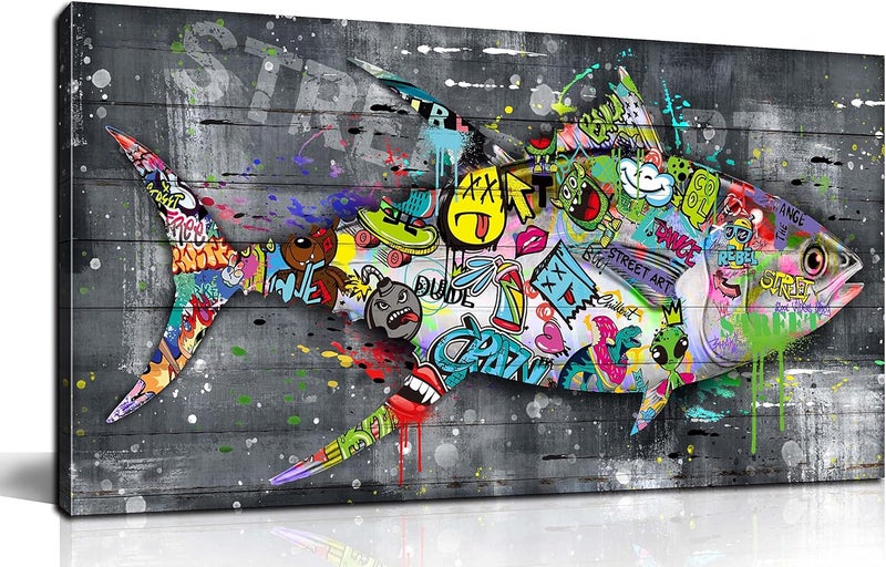SIXTTART Fish Wall Decor Living Room - Graffiti Canvas Wall-Art for Kitchen - Banksy Bathroom Art Wall Decor Ready to Hang Size 40" x 20" - Image 1