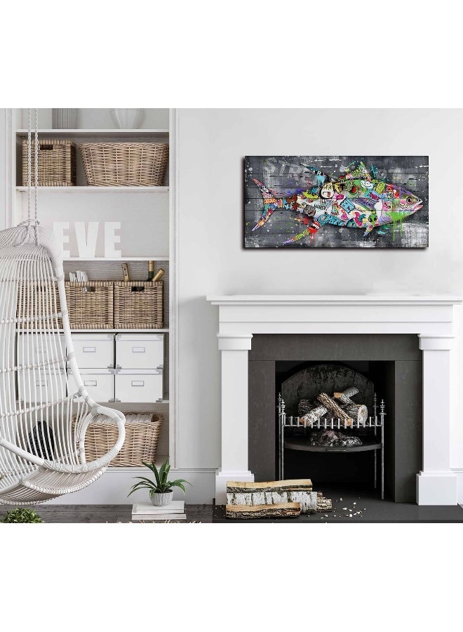 SIXTTART Fish Wall Decor Living Room - Graffiti Canvas Wall-Art for Kitchen - Banksy Bathroom Art Wall Decor Ready to Hang Size 40" x 20" - Image 4