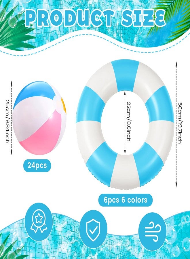 LaRandom 30 Pcs Inflatable Pool Float, 6 Colors Retro Striped Swim Rings Swimming Pool Tubes with 24 Pcs 9.8" Beach Balls for Adults Summer Beach Bachelorette Party - Image 2