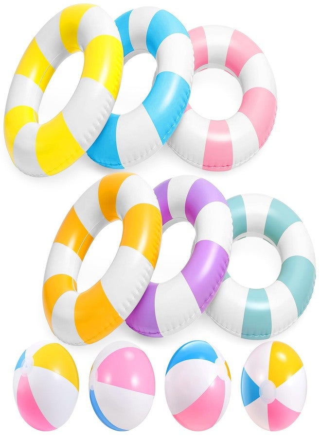 LaRandom 30 Pcs Inflatable Pool Float, 6 Colors Retro Striped Swim Rings Swimming Pool Tubes with 24 Pcs 9.8" Beach Balls for Adults Summer Beach Bachelorette Party - Image 1