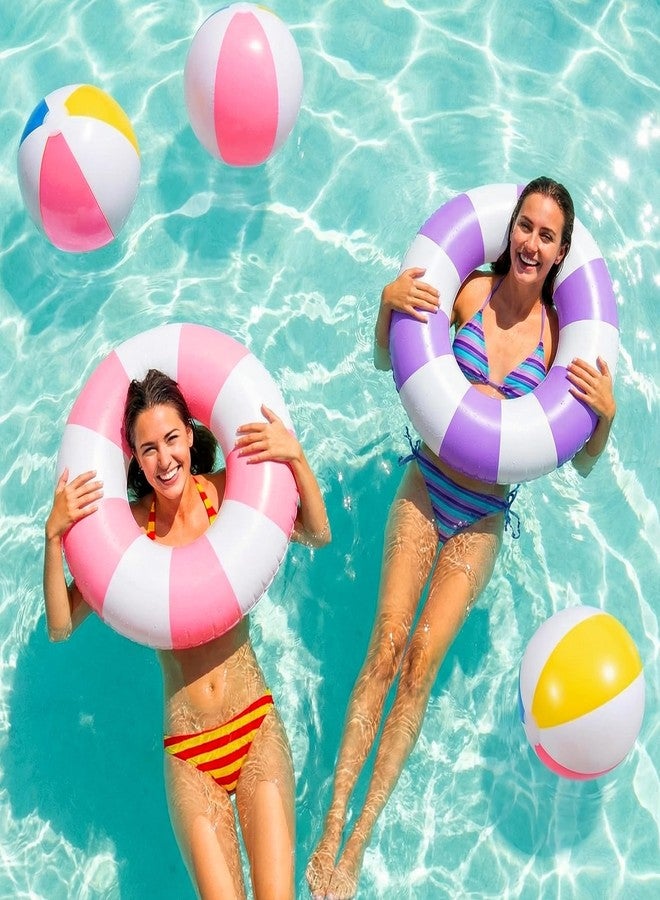 LaRandom 30 Pcs Inflatable Pool Float, 6 Colors Retro Striped Swim Rings Swimming Pool Tubes with 24 Pcs 9.8" Beach Balls for Adults Summer Beach Bachelorette Party - Image 4