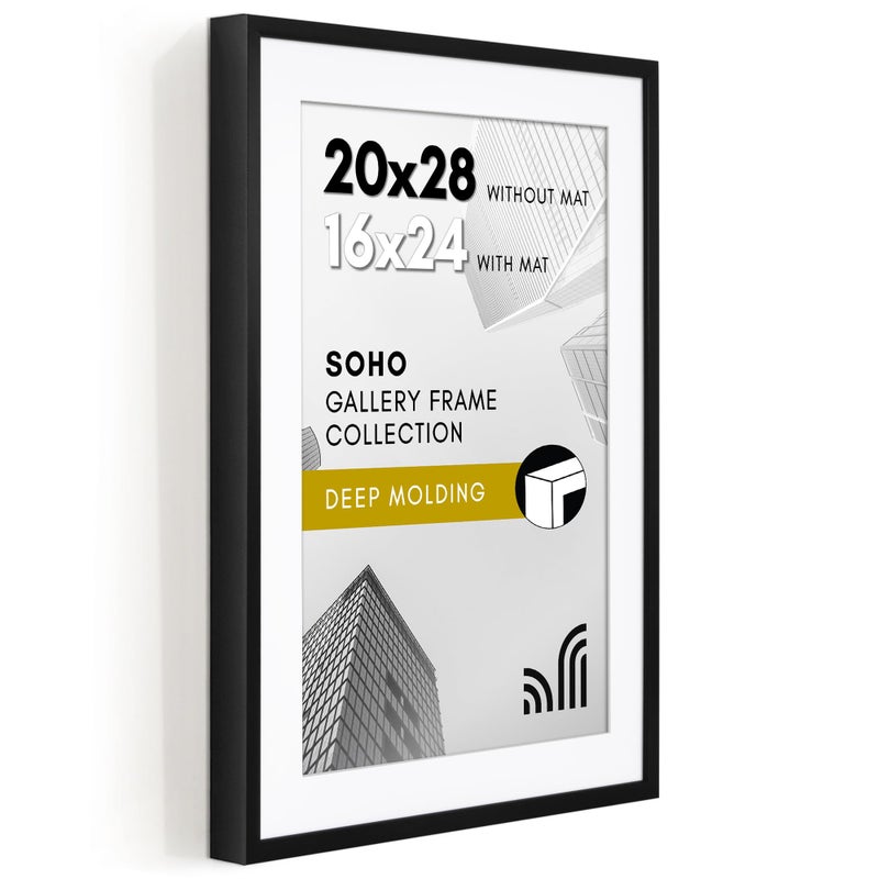 Americanflat 20x28 Picture Frame with Polished Plexiglass Use as 16x24 Frame with Mat or Display 20x28 Photo Without Mat Soho Collection Deep Molding Picture Frames for Wall Display Black