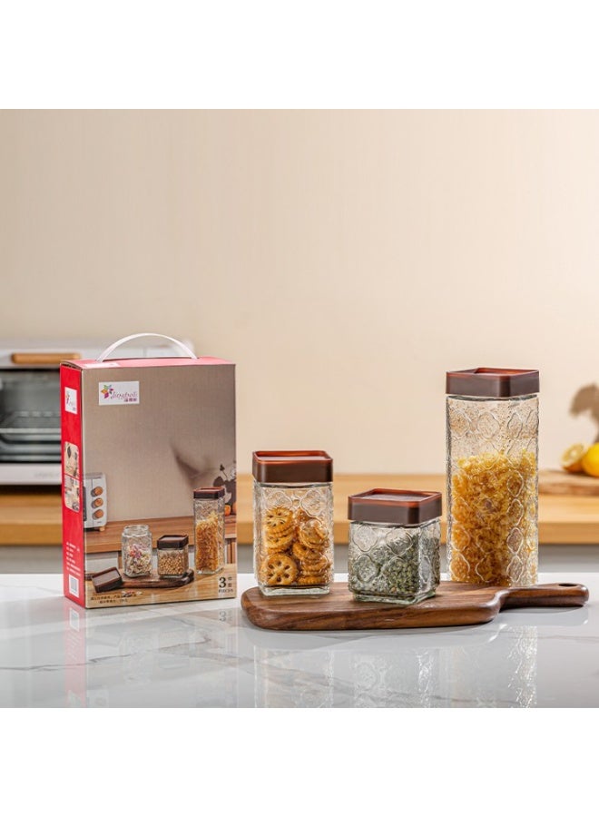 KITCHENOO Set of 3 Premium Glass Jars with Airtight Lids, Stackable Design, Clear Food Storage Container, Kitchen Pantry Storage Jar for Dry Foods and Pantry Organization  - Image 1