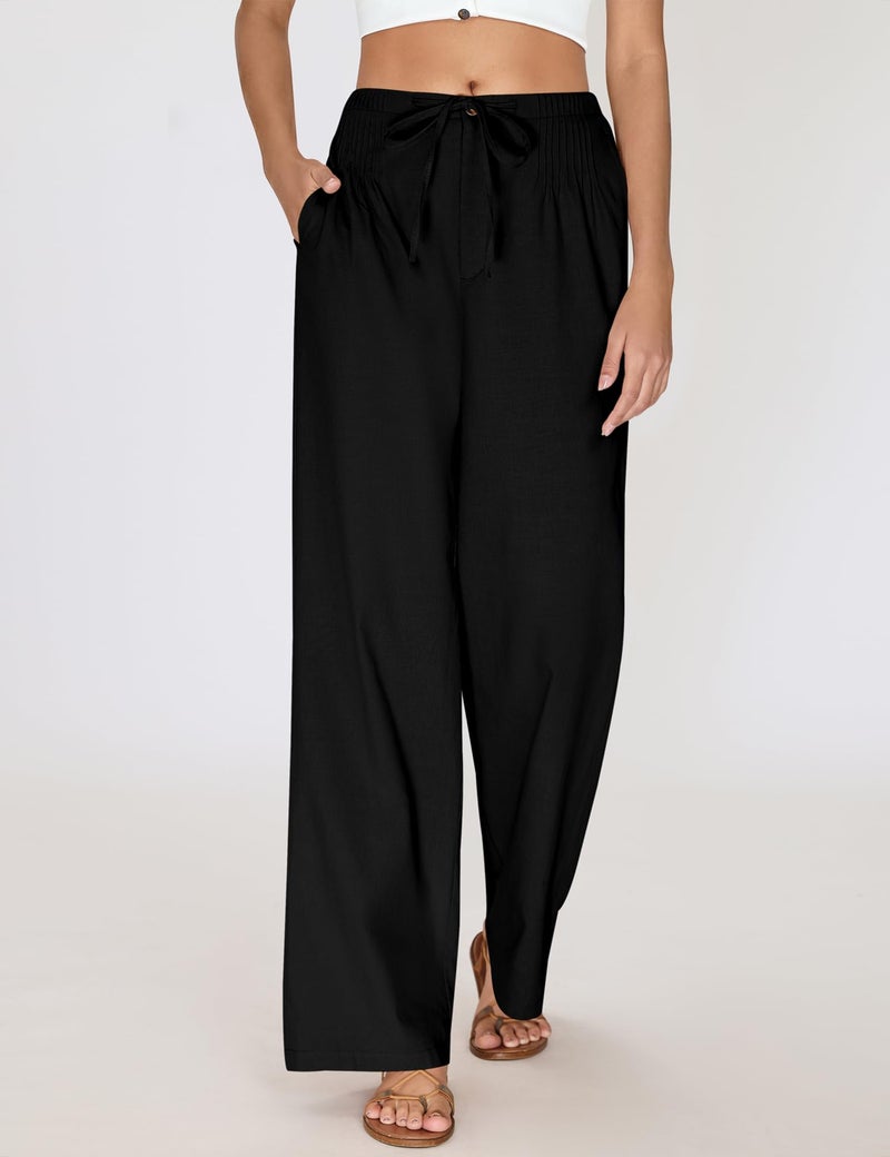 LOMON Women's Pants Cotton Linen Pants Elastic High Waisted Business Casual Work Trousers Wide Leg Slacks with Pockets Black - Image 2