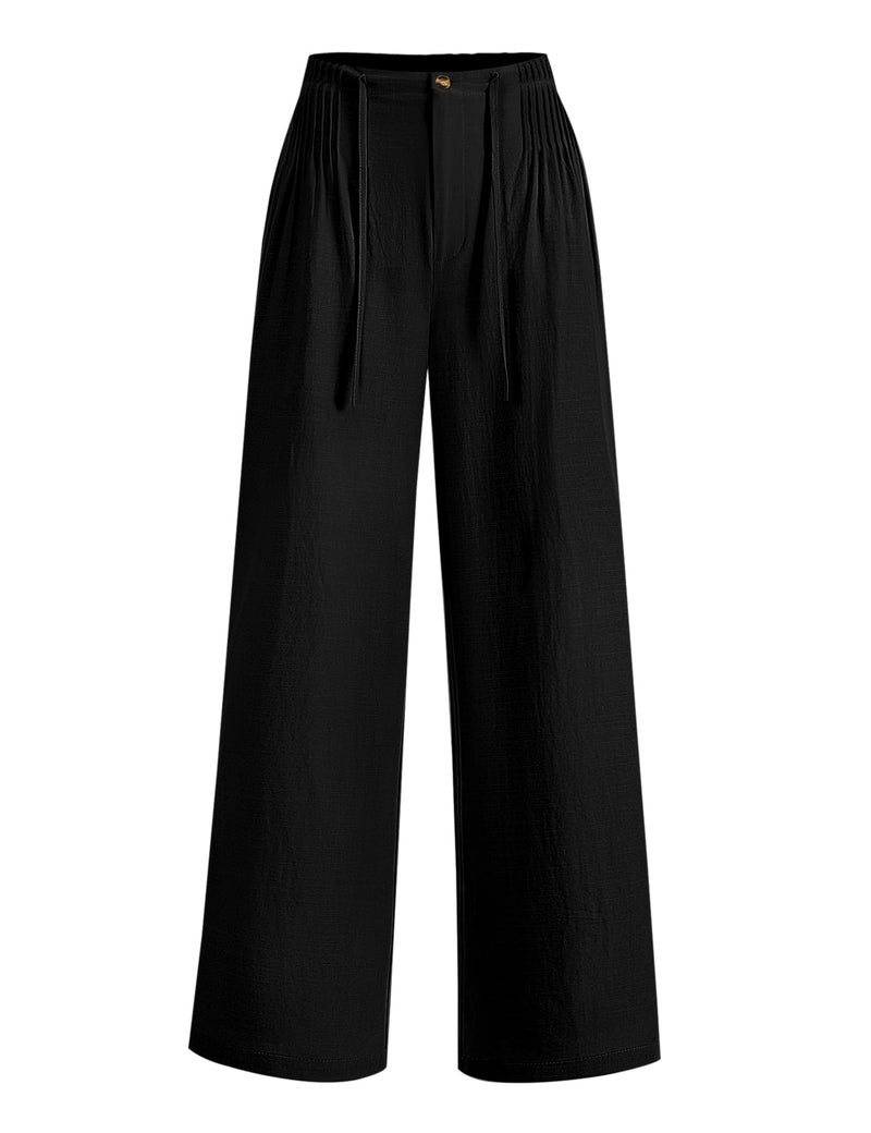 LOMON Women's Pants Cotton Linen Pants Elastic High Waisted Business Casual Work Trousers Wide Leg Slacks with Pockets Black - Image 1
