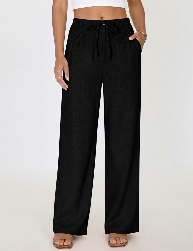 LOMON Women's Pants Cotton Linen Pants Elastic High Waisted Business Casual Work Trousers Wide Leg Slacks with Pockets Black - Image 4