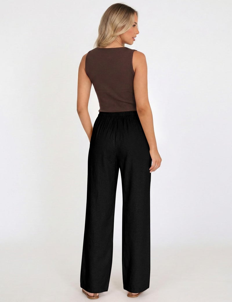 LOMON Women's Pants Cotton Linen Pants Elastic High Waisted Business Casual Work Trousers Wide Leg Slacks with Pockets Black - Image 5