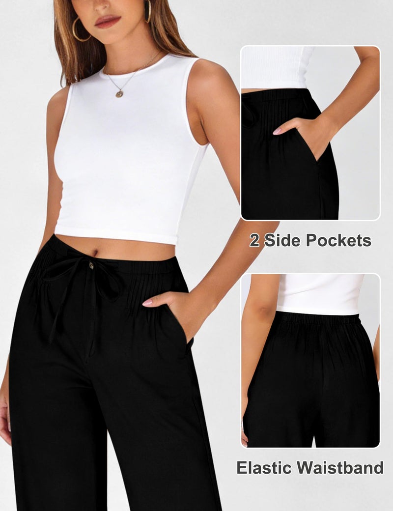 LOMON Women's Pants Cotton Linen Pants Elastic High Waisted Business Casual Work Trousers Wide Leg Slacks with Pockets Black - Image 3