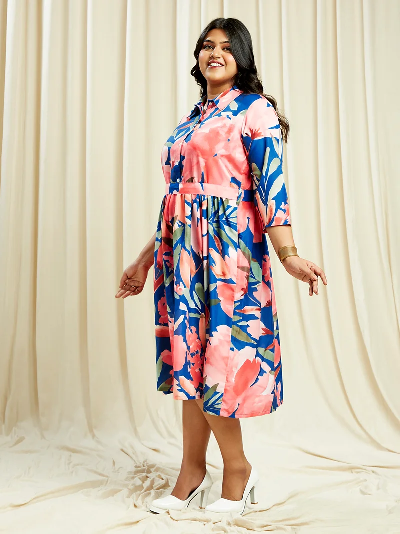 جلو باص Gloplus Women Blue Shirt Collar Floral Print Gathered Plus Size A-Line Midi Dress With Belt