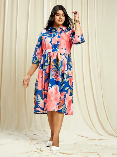 جلو باص Gloplus Women Blue Shirt Collar Floral Print Gathered Plus Size A-Line Midi Dress With Belt
