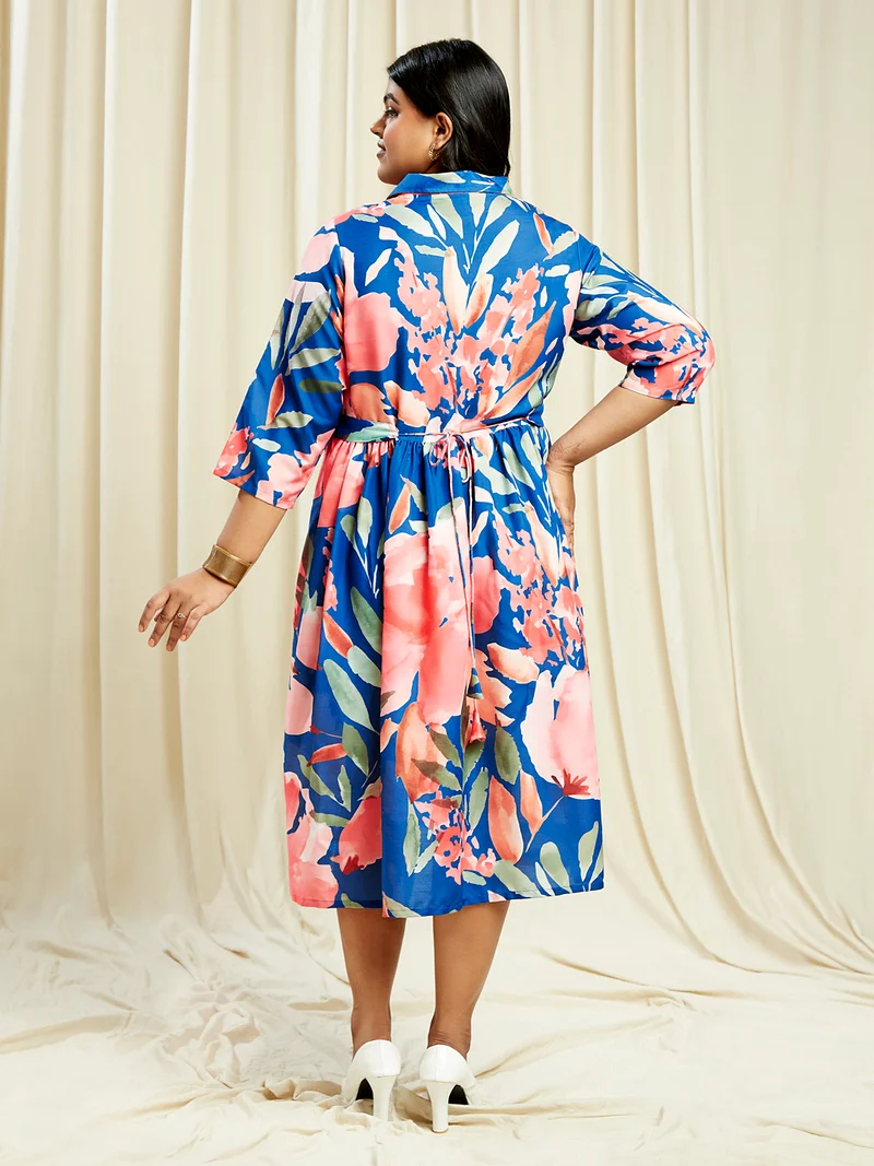 جلو باص Gloplus Women Blue Shirt Collar Floral Print Gathered Plus Size A-Line Midi Dress With Belt