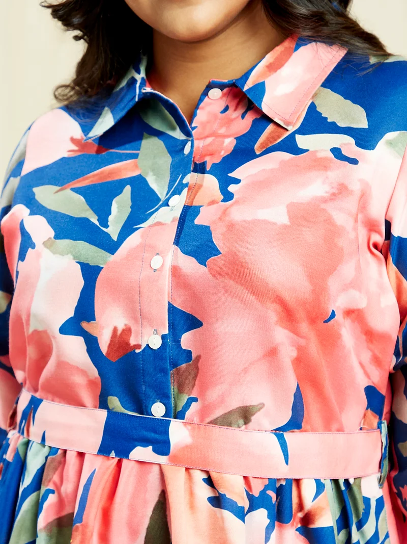 جلو باص Gloplus Women Blue Shirt Collar Floral Print Gathered Plus Size A-Line Midi Dress With Belt