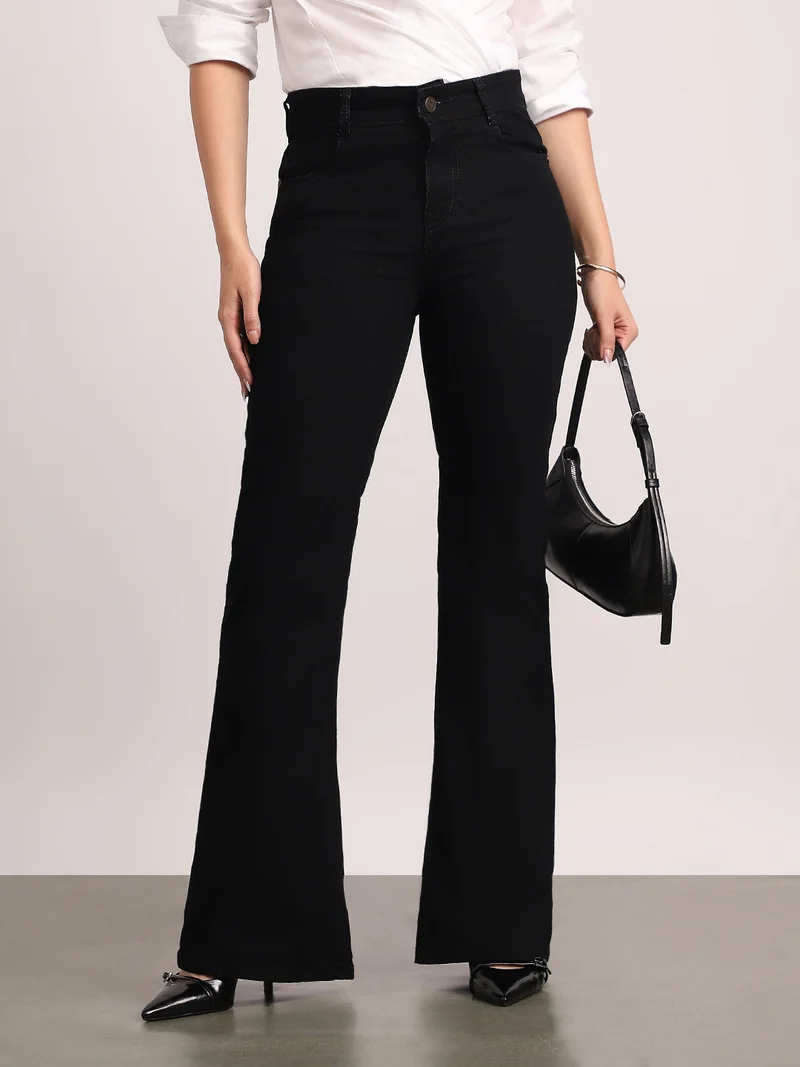 Urbano Fashion Women's Black Mid Rise Bootcut Washed Jeans Stretchable