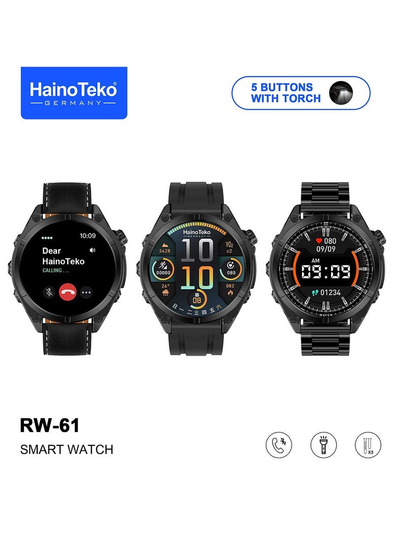 هينو تيكو ساعة هاينو تيكو RW-61 الذكية بشاشة AMOLED دائرية الشكل ومصباح يدوي مدمج و3 أزواج من الأشرطة وكابل شحن مصممة للسيدات والرجال باللون الأسود - Image 1