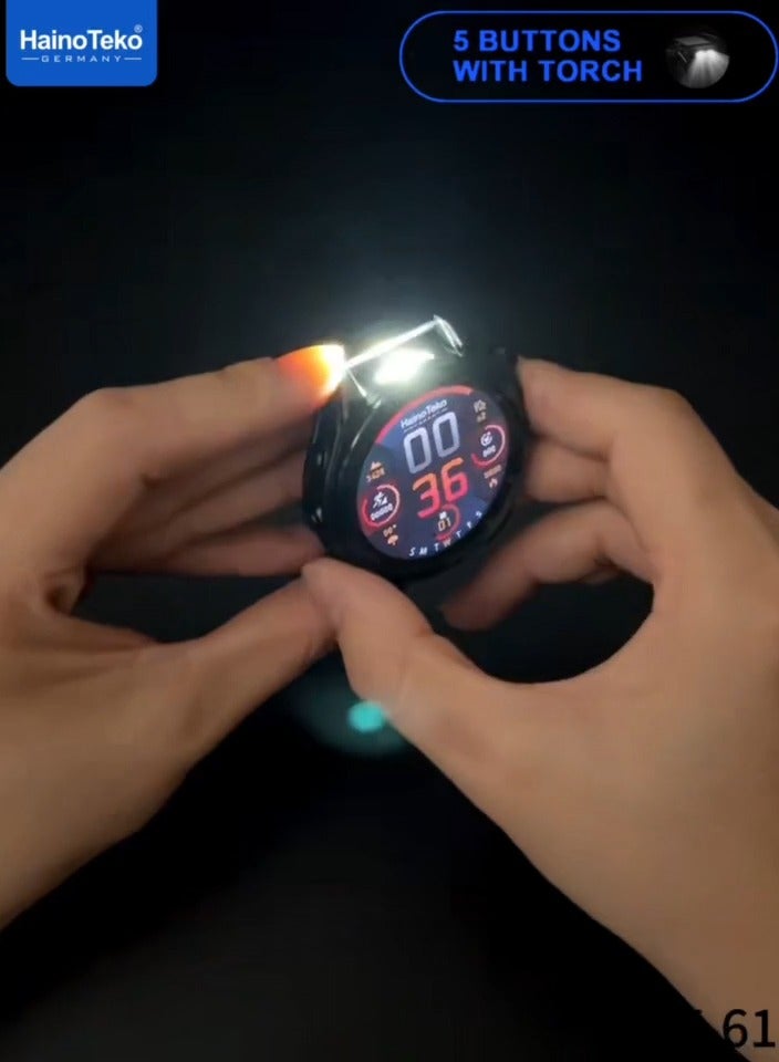 هينو تيكو ساعة هاينو تيكو RW-61 الذكية بشاشة AMOLED دائرية الشكل ومصباح يدوي مدمج و3 أزواج من الأشرطة وكابل شحن مصممة للسيدات والرجال باللون الأسود - Image 5