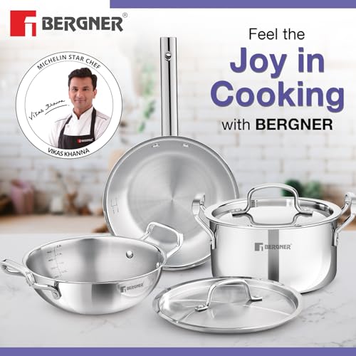 BERGNER مجموعة أواني الطهي من ستانلس ستيل ثلاثي الطبقات بيرجنر تري برو 5 قطع - قدر كاداي بقطر 24 سم (3 لتر) مع غطاء، طنجرة/قدر برياني بقطر 20 سم (3.4 لتر) مع غطاء، مقلاة بقطر 22 سم (1.5 لتر) - استخدام أقل للزيت، طهي صحي - قاعدة تحريض - Image 3