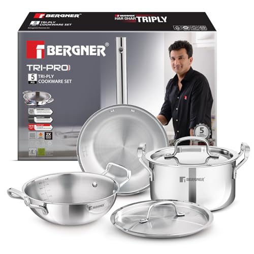 BERGNER مجموعة أواني الطهي من ستانلس ستيل ثلاثي الطبقات بيرجنر تري برو 5 قطع - قدر كاداي بقطر 24 سم (3 لتر) مع غطاء، طنجرة/قدر برياني بقطر 20 سم (3.4 لتر) مع غطاء، مقلاة بقطر 22 سم (1.5 لتر) - استخدام أقل للزيت، طهي صحي - قاعدة تحريض - Image 1