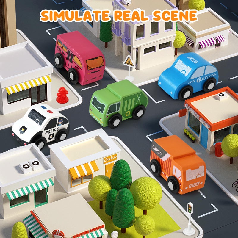 Vinkp Toddler Car Toys, Toy Cars for Toddlers, Wooden Cars Toys for Toddler Boy, 22 PCS Cars and Trucks Toy Vehicles Set with Playmat, Storage Box, Wood Montessori Toys for Baby Birthday Gift - Image 5