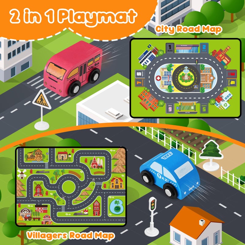 Vinkp Toddler Car Toys, Toy Cars for Toddlers, Wooden Cars Toys for Toddler Boy, 22 PCS Cars and Trucks Toy Vehicles Set with Playmat, Storage Box, Wood Montessori Toys for Baby Birthday Gift - Image 4