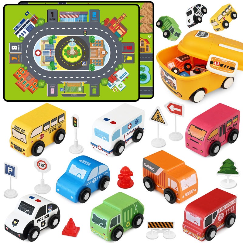 Vinkp Toddler Car Toys, Toy Cars for Toddlers, Wooden Cars Toys for Toddler Boy, 22 PCS Cars and Trucks Toy Vehicles Set with Playmat, Storage Box, Wood Montessori Toys for Baby Birthday Gift - Image 1