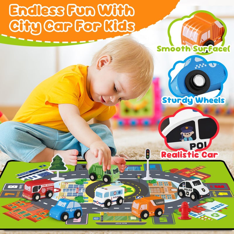 Vinkp Toddler Car Toys, Toy Cars for Toddlers, Wooden Cars Toys for Toddler Boy, 22 PCS Cars and Trucks Toy Vehicles Set with Playmat, Storage Box, Wood Montessori Toys for Baby Birthday Gift - Image 3