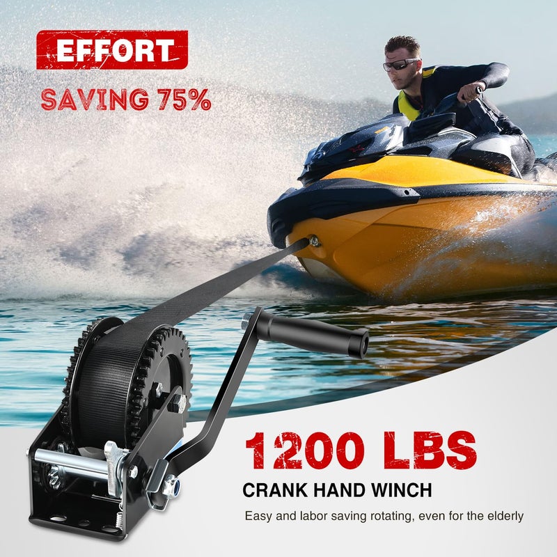 Nilight Boat Trailer Winch 1200 Lbs Hand Crank Winch Heavy Duty Boat Winches with 23Ft Strap Rope Hook 2-Way Ratchet 4:1 Gear Portable Marine Manual Winch for Trailers Boats RV ATV Jet Ski Towing - Image 3