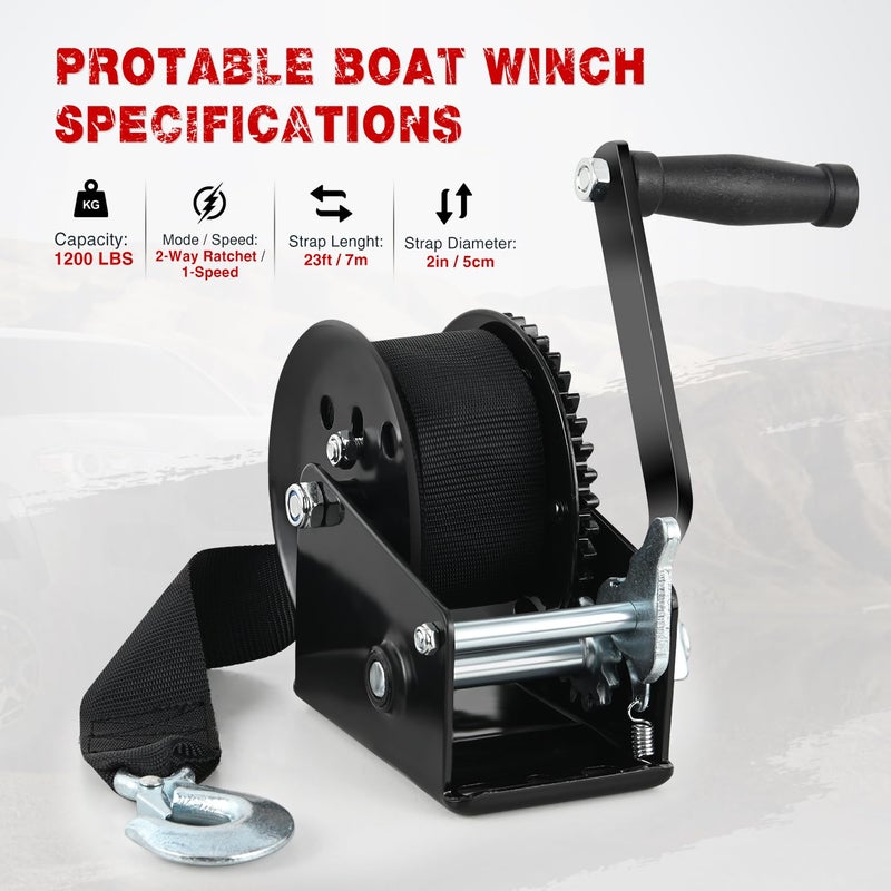 Nilight Boat Trailer Winch 1200 Lbs Hand Crank Winch Heavy Duty Boat Winches with 23Ft Strap Rope Hook 2-Way Ratchet 4:1 Gear Portable Marine Manual Winch for Trailers Boats RV ATV Jet Ski Towing - Image 2