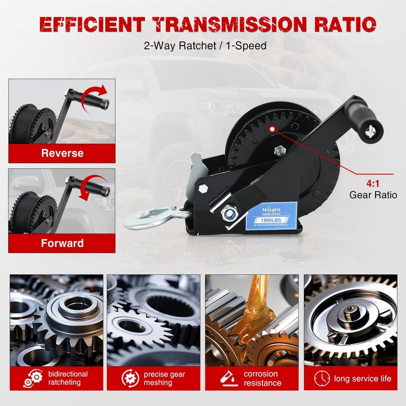 Nilight Boat Trailer Winch 1200 Lbs Hand Crank Winch Heavy Duty Boat Winches with 23Ft Strap Rope Hook 2-Way Ratchet 4:1 Gear Portable Marine Manual Winch for Trailers Boats RV ATV Jet Ski Towing - Image 4