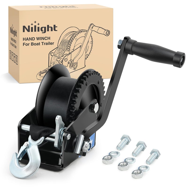 Nilight Boat Trailer Winch 1200 Lbs Hand Crank Winch Heavy Duty Boat Winches with 23Ft Strap Rope Hook 2-Way Ratchet 4:1 Gear Portable Marine Manual Winch for Trailers Boats RV ATV Jet Ski Towing - Image 1