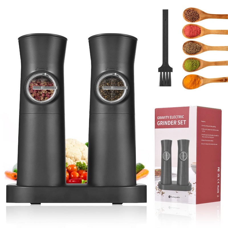 Aoresac AORESAC Gravity Electric Salt and Pepper Grinder Set Rechargeable Automatic Salt  Pepper Mill Grinder with Adjustable Coarseness One Hand Operation LED Light Dustproof Cover 2 Pack 