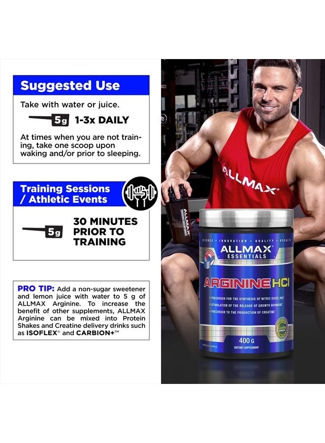 AllMax Nutrition أرجينين، مسحوق L-أرجينين للرجال والنساء، يوفر دعم القلب والأوعية الدموية ونمو العضلات، يساعد في تحسين تخليق أكسيد النيتريك وتدفق الدم، 400 جرام - Image 5