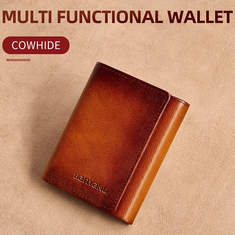 banyanu Men's Genuine Leather Tri-Fold Wallet with ID Window, 11 Card Slots, and 2 Bill Pockets; RFID Anti-Theft; Yellow-Brown Cabinet Microfiber - Image 2