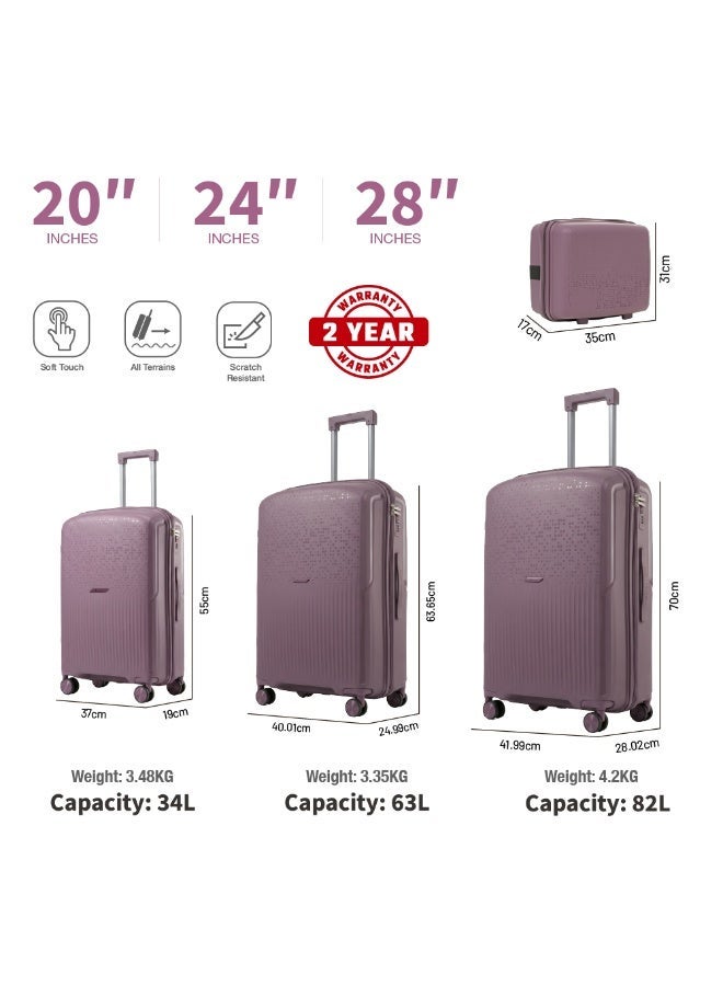 ايجل اكسبريس طقم حقائب سفر "إيجل إكسبريس نيون إكس" (Eagle Express Neon X) مكون من 4 قطع (مقاسات 14/20/24/28 بوصة) باللون الأرجواني؛ يتميز بهيكل صلب ومتين من مادة البولي بروبيلين (PP) وتصميم خفيف الوزن، ويشمل حقائب مناسبة للمقصورة وأخرى للشحن، مع عجلات دوارة بزاوية 360 درجة، ونظام قفل آمن، وضمان لمدة عامين. - Image 3