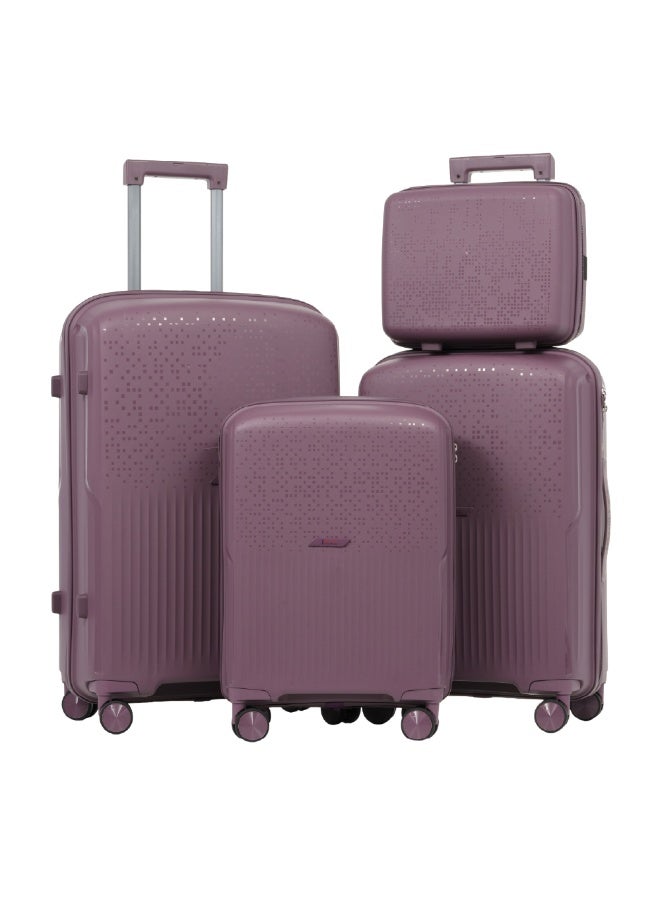 ايجل اكسبريس طقم حقائب سفر "إيجل إكسبريس نيون إكس" (Eagle Express Neon X) مكون من 4 قطع (مقاسات 14/20/24/28 بوصة) باللون الأرجواني؛ يتميز بهيكل صلب ومتين من مادة البولي بروبيلين (PP) وتصميم خفيف الوزن، ويشمل حقائب مناسبة للمقصورة وأخرى للشحن، مع عجلات دوارة بزاوية 360 درجة، ونظام قفل آمن، وضمان لمدة عامين. - Image 1