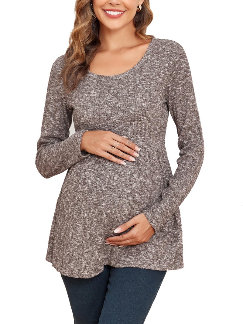 Ecavus Women's Maternity Ribbed Knit Shirts Long Sleeve Pregnancy Tops Comfy Stretchy Pregnant Blouses Heather Brown - Image 1