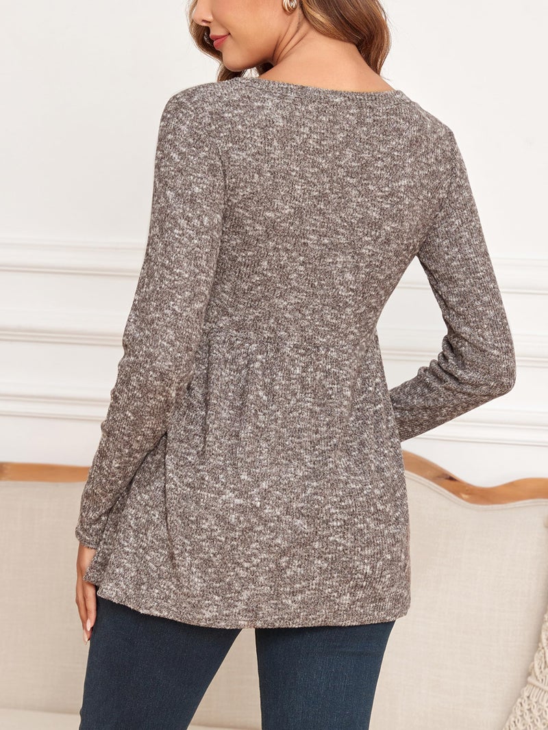 Ecavus Women's Maternity Ribbed Knit Shirts Long Sleeve Pregnancy Tops Comfy Stretchy Pregnant Blouses Heather Brown - Image 4