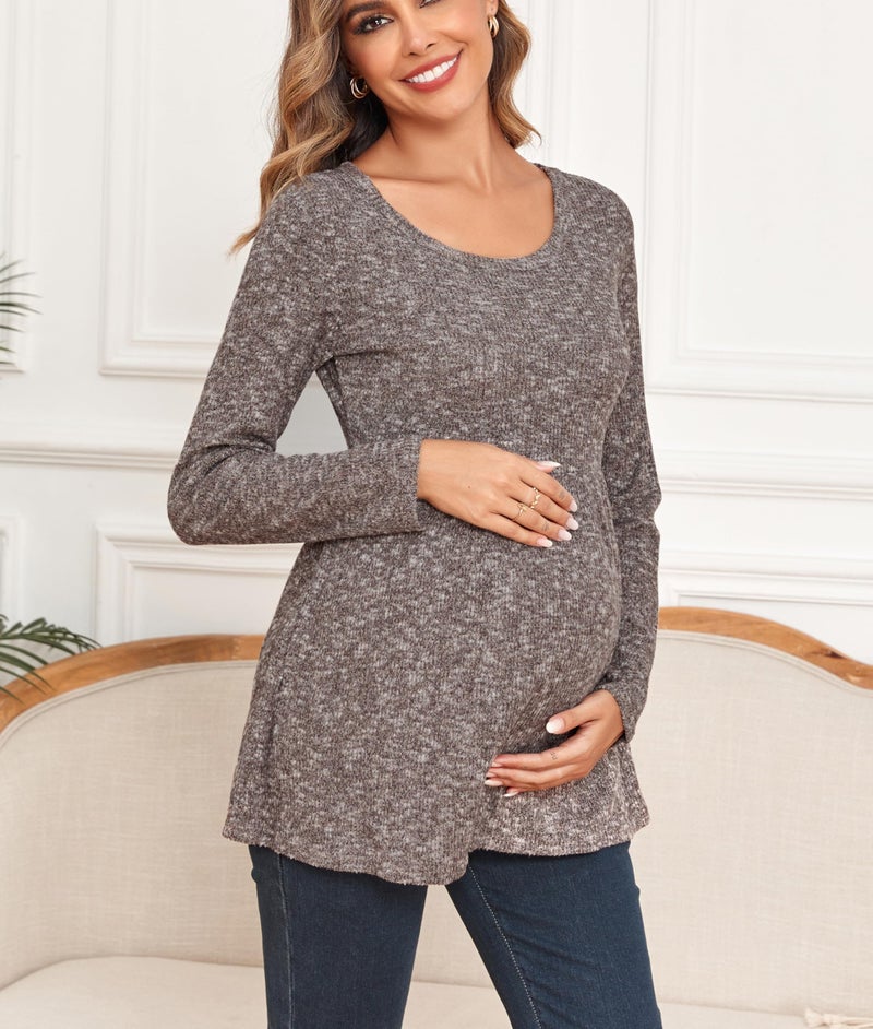 Ecavus Women's Maternity Ribbed Knit Shirts Long Sleeve Pregnancy Tops Comfy Stretchy Pregnant Blouses Heather Brown - Image 3